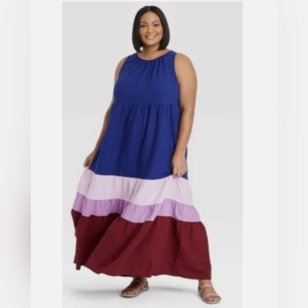 Ava & Viv Blue, Pink, Red Colorblock Tiered Sleeveless Boho Maxi Dress Size X